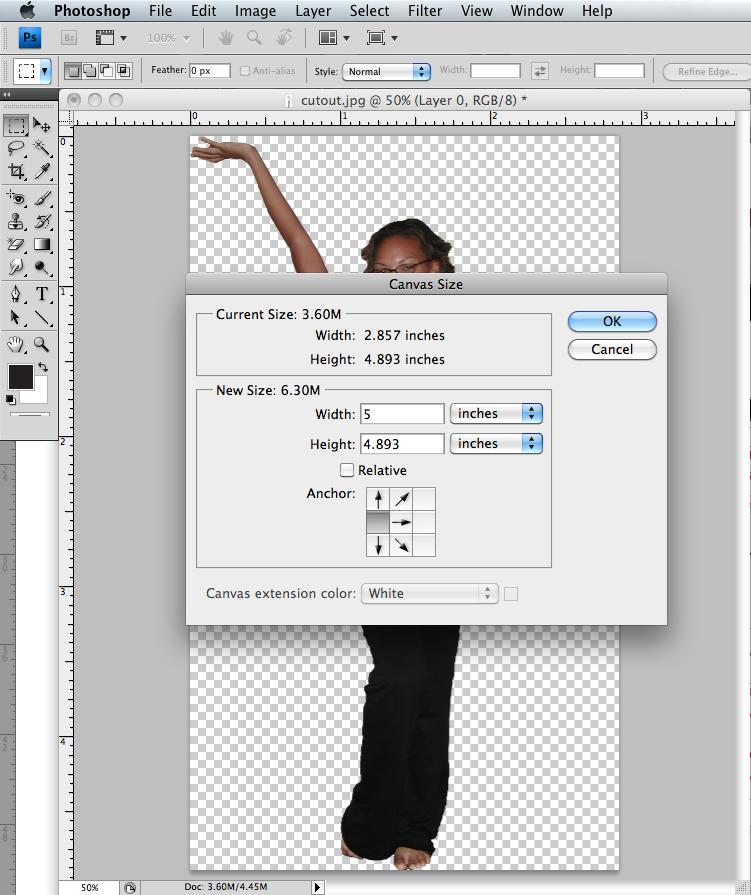 Change the width of the canvas size to be about twice the width of the subject.