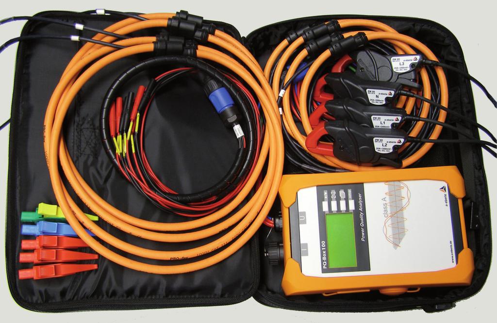 Technical data PQ-Box 100 PQ-Box 100 with accessories and bag Rogowski current clamp: (Identification number 111.7001) 2650 A AC RMS 1 A to 2.650 A RMS 85 mv / 1000 A 10 Hz to 10 khz 1000 V CAT.