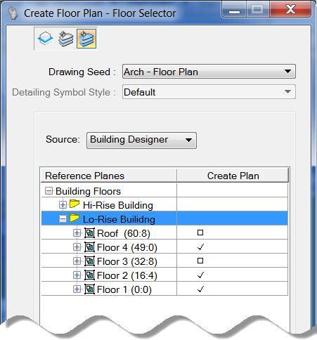 The Create Floor Plan View tool is used to create a Dynamic Building Plan View and can be accessed from the Drawing Composition Task bar on the Building Designer Task Menu.