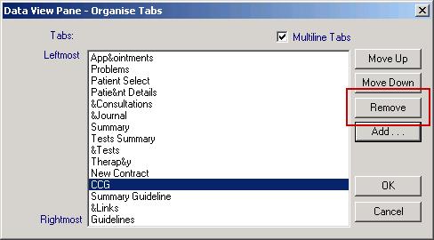 Data View Pane - Organise Tabs Remember - The Data View Pane - Organise Tabs screen contains a different list for each user depending on their settings. 5. Highlight CCG and click Remove.