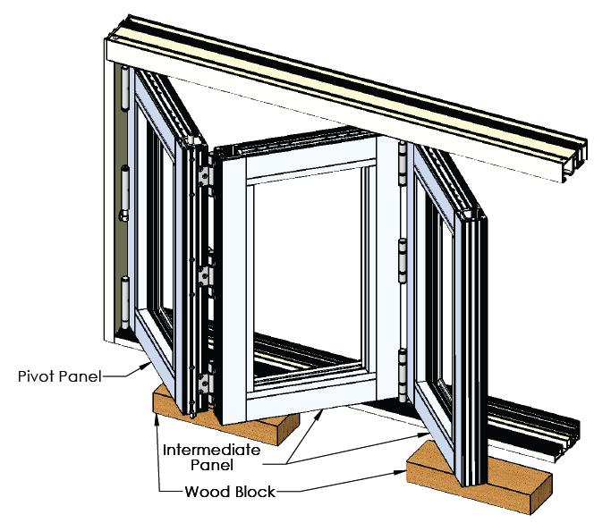 Install/Set the panel in the open position at a 45 degree angle so the hinge side rests on the block with the (receiving) panel and the pivot side to recess the intermediate guide into the PVC track