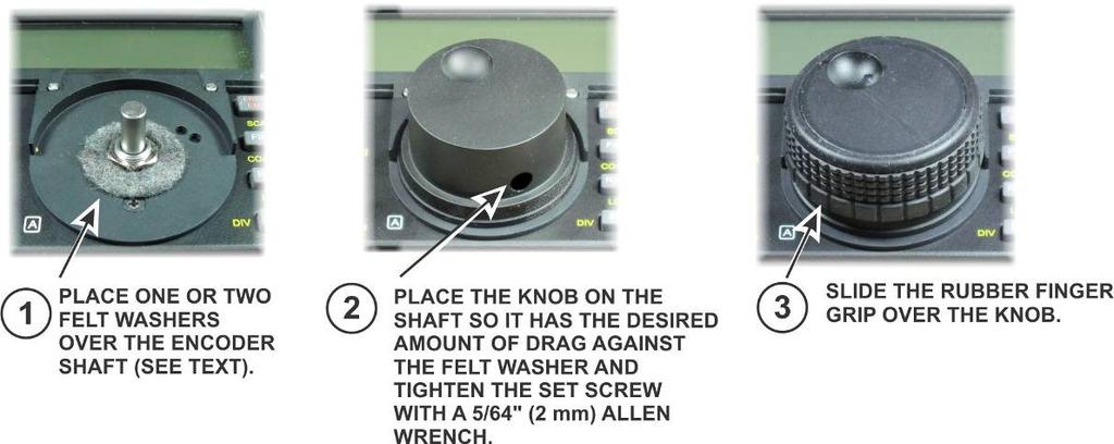 These knobs are all the same size and are held in place by a friction spring as shown in Figure 19. Align the flat in the knob with the flat on each shaft before pressing each knob in place.