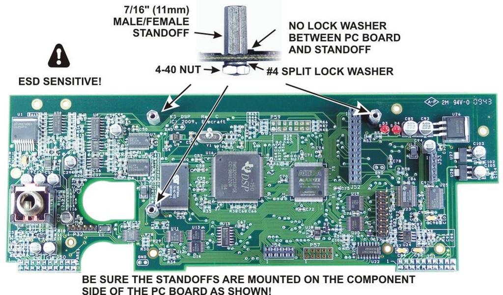 Mount the three 7/16 (11mm) male/female standoffs on the component side of the main DSP board as shown in Figure 23 using 4-40 nuts and #4 split lock washers.