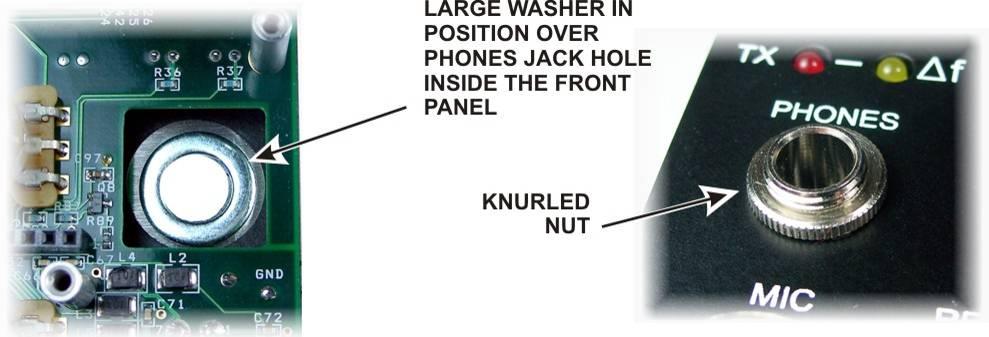 Screw the knurled nut onto the threaded shaft of the PHONES jack where it exits the front panel (see Figure 30). Screw it only finger tight. Do not use pliers. Figure 30. Phones Jack Hardware.