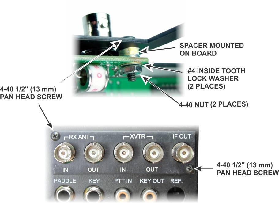 Secure the rear panel with the ground screw as shown. The ground screw threads into a fitting mounted on the edge of the RF board. Figure 49. Mounting the Rear Panel.