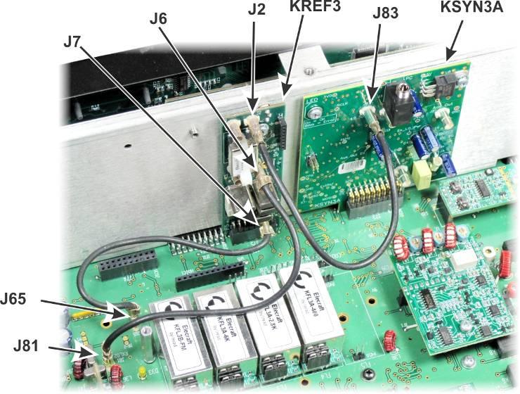 Install the three TMP cables between connectors on the KREF3 board, the main RF board and the KSYN3 board as follows.