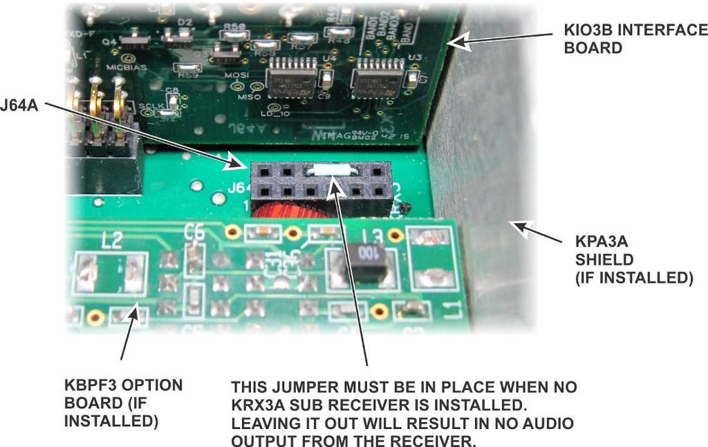 Turn the K3S over and set it on its bottom feet. Check to ensure the jumper shown in the figure below is installed on connector J64A.
