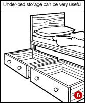 The space under a bed is one of the largest areas that can be usefully converted to storage.