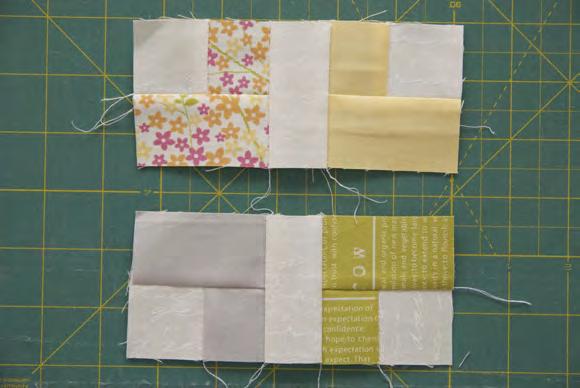5. Sew a white BG piece measuring 1.5 x 2.5 between each set of 4 patches. Press to print. 6. Sew a white BG piece measuring 1.5 x 5.