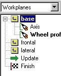 Double click on one of the lines in the profile of the wheel. The sketch containing that line becomes the active sketch in the workplane browser. In this case the Wheel profile sketch.