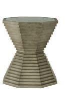 88 H 65.72 cm. Poplar solids. Inset tempered glass top. Pedestal with stacked design frame. Adjustable glides.