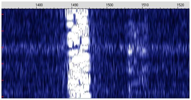 FIGURE 5: SPECTRAN WATERFALL DISPLAY OF WSPR SIGNALS The ghostly vertical image (centred on 1508 Hz) belongs to a Dutch station with 0 Hz drift, running 5 watts and received with a -22 db SNR it s