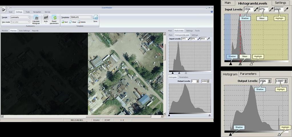 Operational Software: Easy Scanning Setup: Histogram analysis - Automatic adjustment processing tools such as AutoLevels and