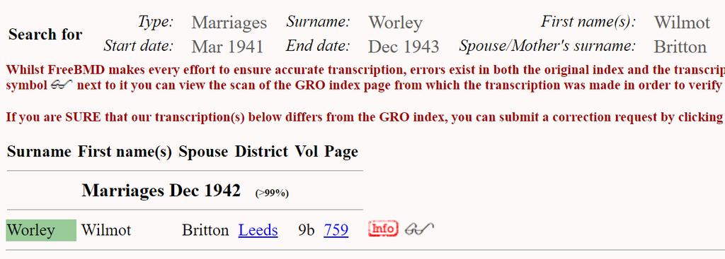 Case Study 4 Finding a marriage record 1912 and later. This is relatively simple as the spouse name is in the index. I entered the surname and first name of the husband, plus the surname of the wife.
