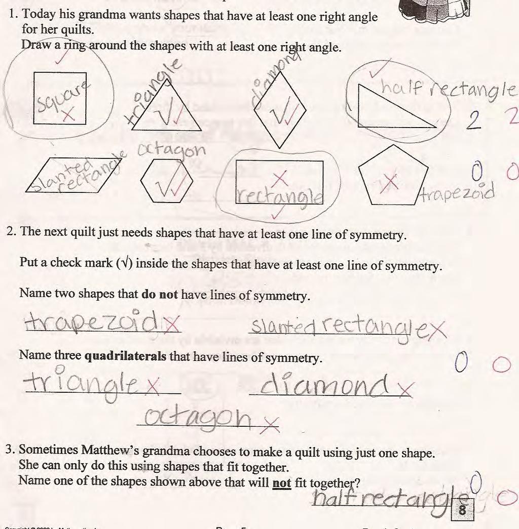 Student E tries to name shapes to help him think about tasks in part 2 and 3. Notice that student refers to relationship between some shapes and a rectangle to compensate for lack of vocabulary.