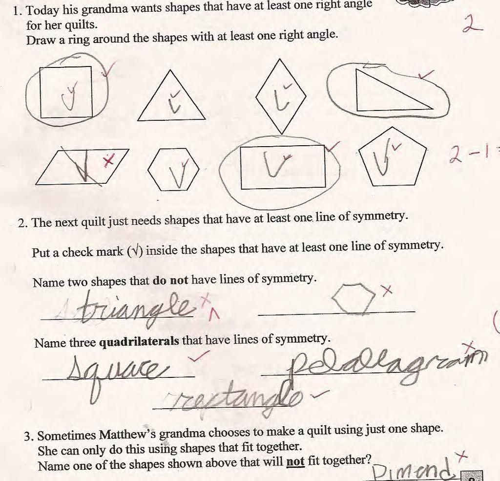 Student C again thinks diagonal of parallelogram is a line of symmetry. The student is not specific about type of triangle that is not symmetrical.