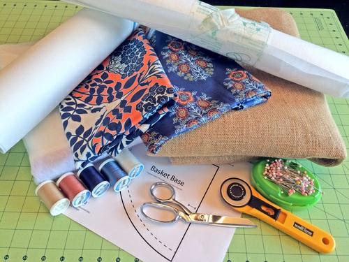 Supplies shown are for ONE basket and yardage is figured to allow for fussy cutting the designer cottons.