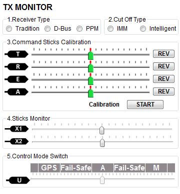 3 TX Monitor Notices: I cannot emphasize this Step enough. Make sure you have removed all propellers before this step! STEP1: Receiver Type Choose the type of your receiver.