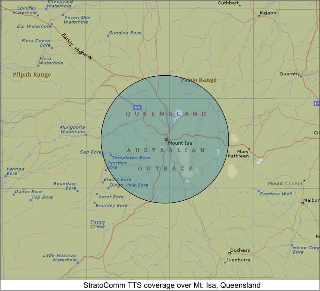 Figure 6 Service area for a TTS providing wireless broadband services to Mt Isa and surrounding area REGULATORY ISSUES The main regulatory issues for HAPS are the availability of adequate RF spectrum