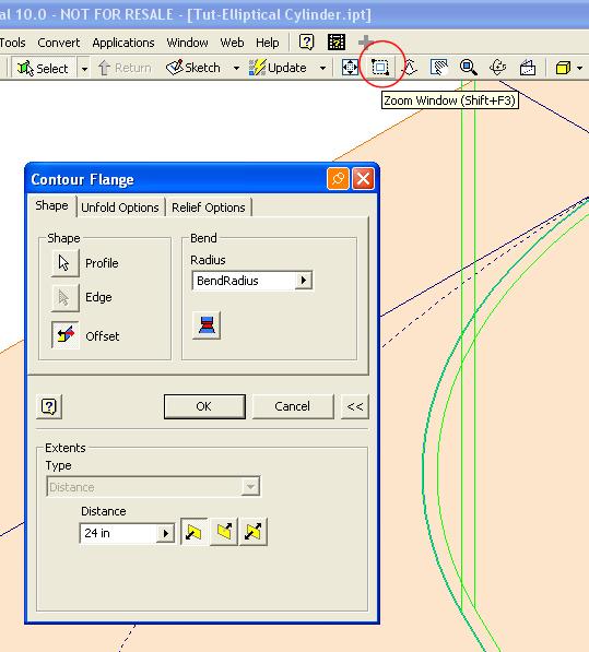 Inventor (10) Module 1H: 1H- 21 Figure 1H-5B: Zooming in the leftmost area and clicking the Offset button in the Contour Flange tool s dialog window until the green outline of the Contour Flange