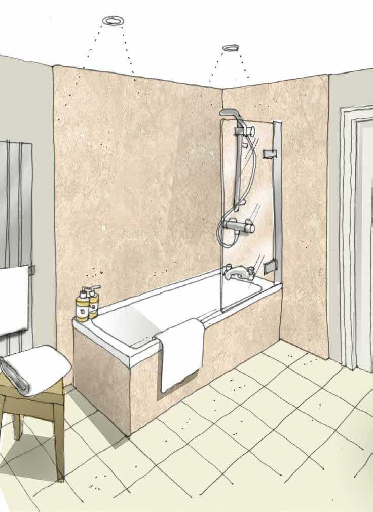 B A A family bathroom C Get the look Classic Travertine creates a timeless and elegant bathroom. The neutral tones provide a sense of calm and tranquility.