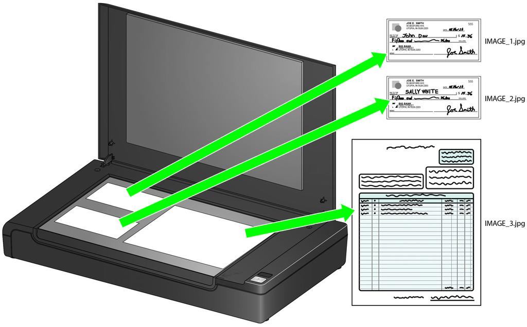 Scanning multiple documents from the flatbed If you want to scan several documents on the flatbed scanner at one time, the flatbed will scan the documents and output one image for each document it