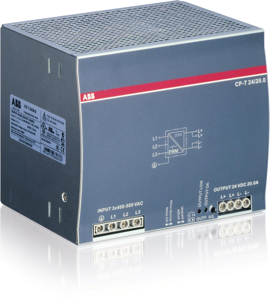 Data sheet Power supply CP-T 24/20.0 Primary switch mode power supply The CP-T range of three-phase power supply units is the youngest member of ABB s power supply family.