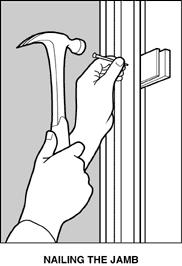 Close door and drive an additional pair of shims in the space between the jamb and the stud at the lockset and then near the top and bottom of the jamb. Check the jamb for plumb.