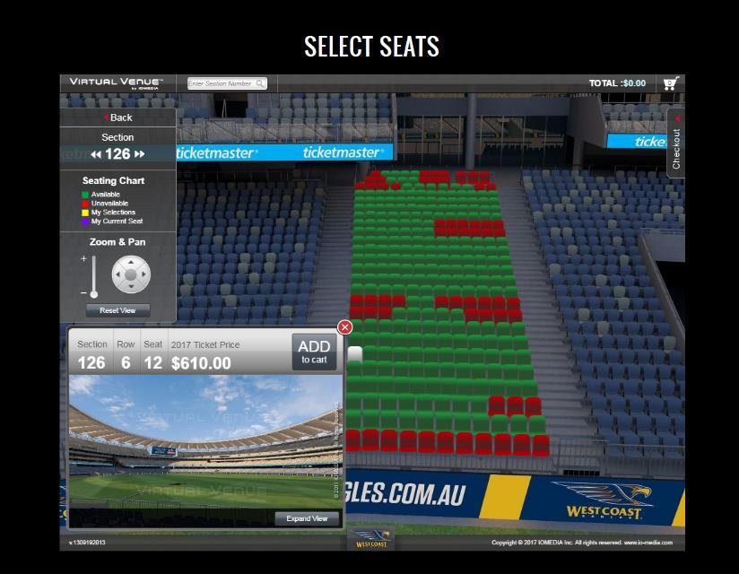 9. To view a specific seat, select it from the section. You will see a pop up window with a view from seat.