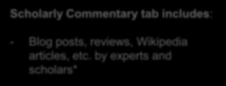 Scholarly Commentary tab includes: 34 - Blog posts, reviews, Wikipedia