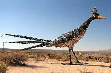 Sculptures Created in New Ways This trash sculpture of a road runner is as tall as a school bus.