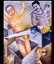 MAGICIANS STORY OIL PAINTING In this painting there are many indian references like the tiger and the body of the man which is painted purple, a reference to the many different colors gods are