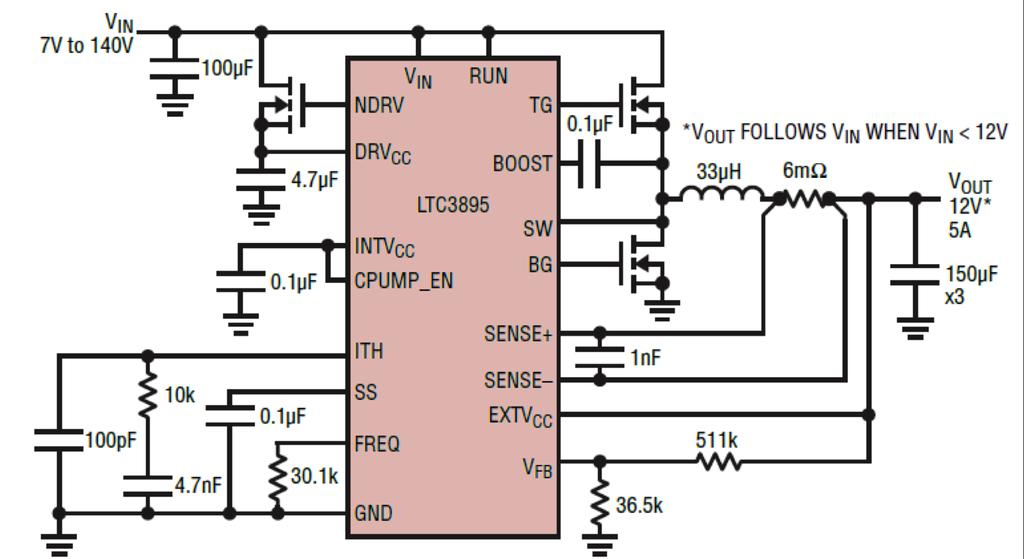 The schematic shown in Figure 1 produces a 12V output from a 7V to 140V input voltage range.