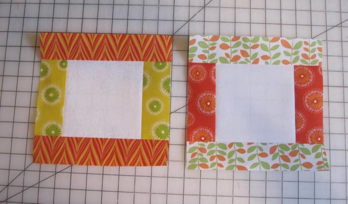 (photo 5) 4 Trim the sewn strip even with the top and bottom of the center square as shown.