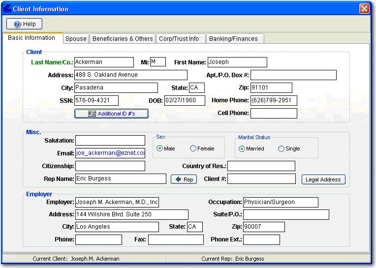 The Laser App Client Information dialog box is used to review the information already populated by CDS as well as to enter additional information needed in a form.