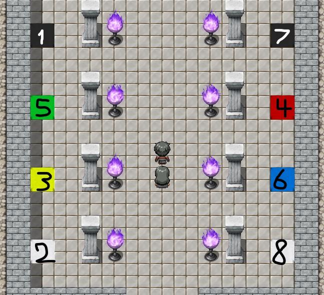 14 11 12 13 10 9 5 4 3 8 7 6 2 PUZZLE ROOM 2: In the next room, you have to hit the squares in a particular order to light all of the braziers. The correct order can be seen below.