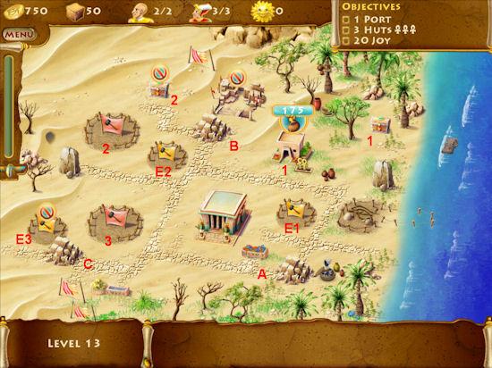 Level 13 Time to Gold: 5:15 1 Port 3 Huts 20 Joy A new port will allow you to trade with other countries. Keep an eye out for thieves! Build fountain at E1. Open treasure chest 1 (100 stone).