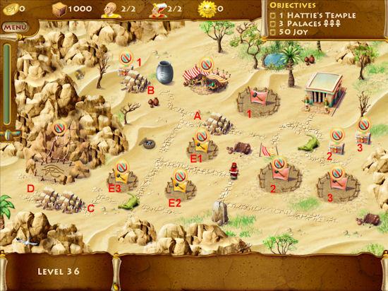 Level 36 Time to Gold: 6:45 1 Hattie's Temple 3 Palaces 50 Joy On this level, you can pay off the nomad first or get the elephants first.