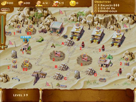 Level 39 Time to Gold: 7:00 5 Palaces 2 Eye of Ra 50,000 Gold On this level, you have three temples and you'll need to demolist one of them in order to build one of the palaces.