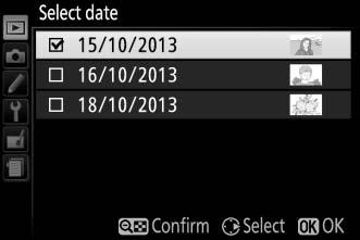 Select Date: Deleting Photographs Taken on a Selected Date 1 Choose Select Date. In the delete menu, highlight Select date and press 2. 2 Highlight a date. Press 1 or 3 to highlight a date.