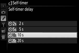 c3: Self-Timer G button A Custom Settings menu Choose the length of the shutter release delay and the number of shots taken. Self-timer delay: Choose the length of the shutter-release delay.