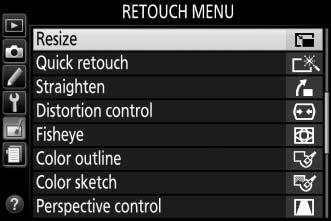 Resize G button N retouch menu Create small copies of one or more selected photographs. 1 Select Resize. Highlight Resize in the retouch menu and press 2. 2 Choose a size.