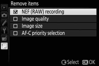 Deleting Options from My Menu 1 Select Remove items. Highlight Remove items and press 2.