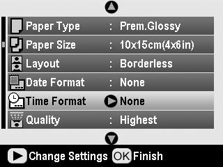3. Press the u or d button to choose a setting: None (default, turns off the date stamp) yyyy.mm.dd (2005.09.01) mmm.dd.yyyy (Sep.01.2005) dd.mm.yyyy (01.Sep.2005) 4. Press the OK button. 5.