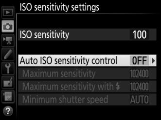 Auto ISO Sensitivity Control If On is selected for ISO sensitivity settings > Auto ISO sensitivity control in the photo shooting menu, ISO sensitivity will automatically be adjusted if optimal