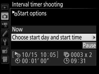 Pausing Interval Timer Photography Interval timer photography can be paused between intervals by pressing J or selecting Pause in the interval