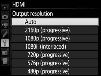 HDMI Options The HDMI option in the setup menu (0 312) controls output resolution and other advanced HDMI options. Output Resolution Choose the format for images output to the HDMI device.