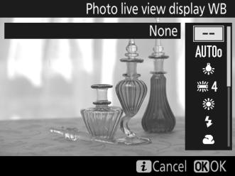 x Option Photo live view display WB Split-screen display zoom Silent photography Description During live view photography, the white balance (hue) of the monitor can be set to a value different from