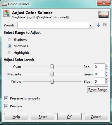 Color Correction The Color Balance Tool Go to Colors>Color Balance in the Main Menu and the Color Balance Window will pop up. Under Select Range to Adjust check Mid-Tones.