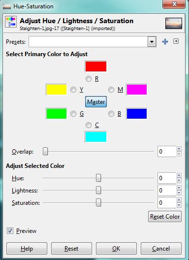 The Hue-Saturation Adjustment You have the option of adjusting just one colors at a time or all of the colors at once. Go to Colors>Hue Saturation and the Hue Saturation Window will pop up.